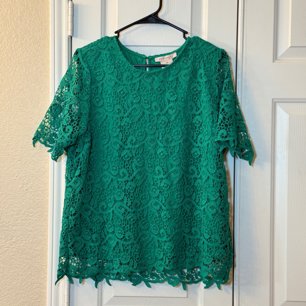 Philosophy Floral Net Lace Lined Blouse Women's Size Large Emerald Short Sleeve‎